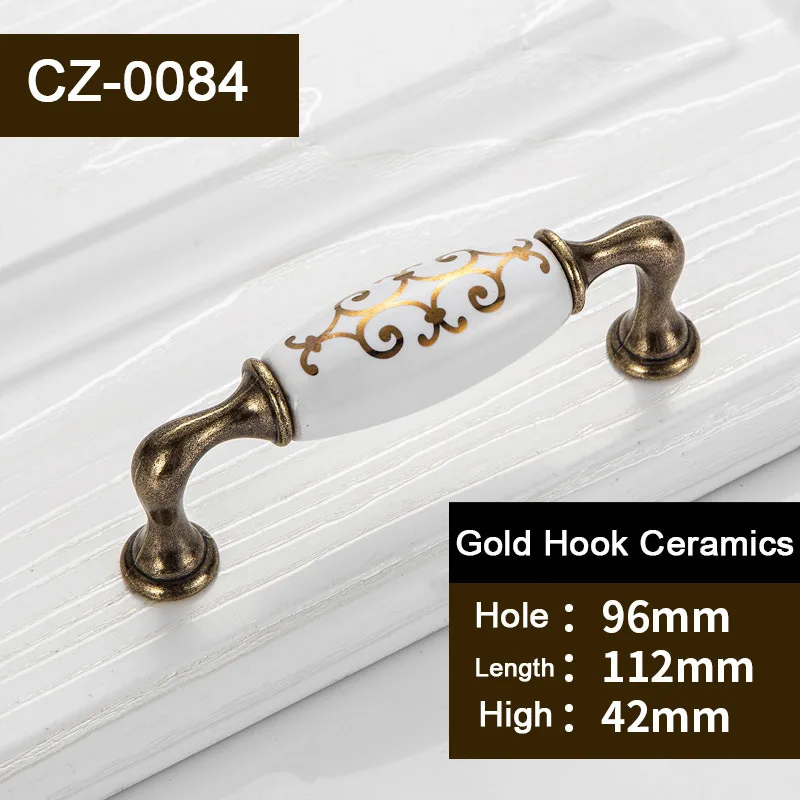 1 pc Antique Golden hook flower Ceramic Door Handles Kitchen Cabinet Handles Metal Furniture Drawer Pulls   CZ-0075