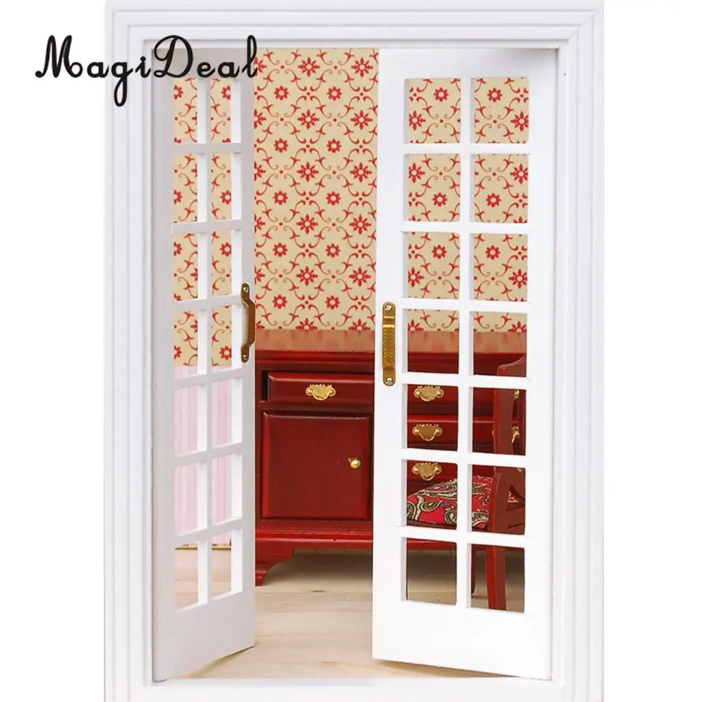 MagiDeal 1Set 1/12 Dollhouse Miniature Exterior Wooden French Door for Dolls House Bedroom Living Room Furniture Toy White