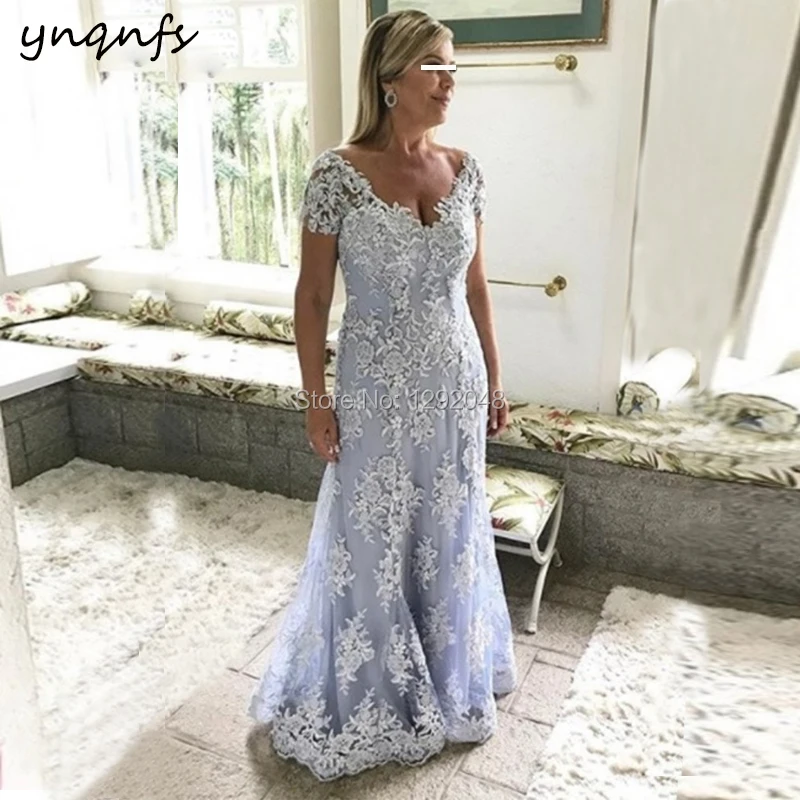 YNQNFS MD411Robe Soiree Simple Elegant Lace Appliques Silver Cap Sleeves madre della sposa abiti