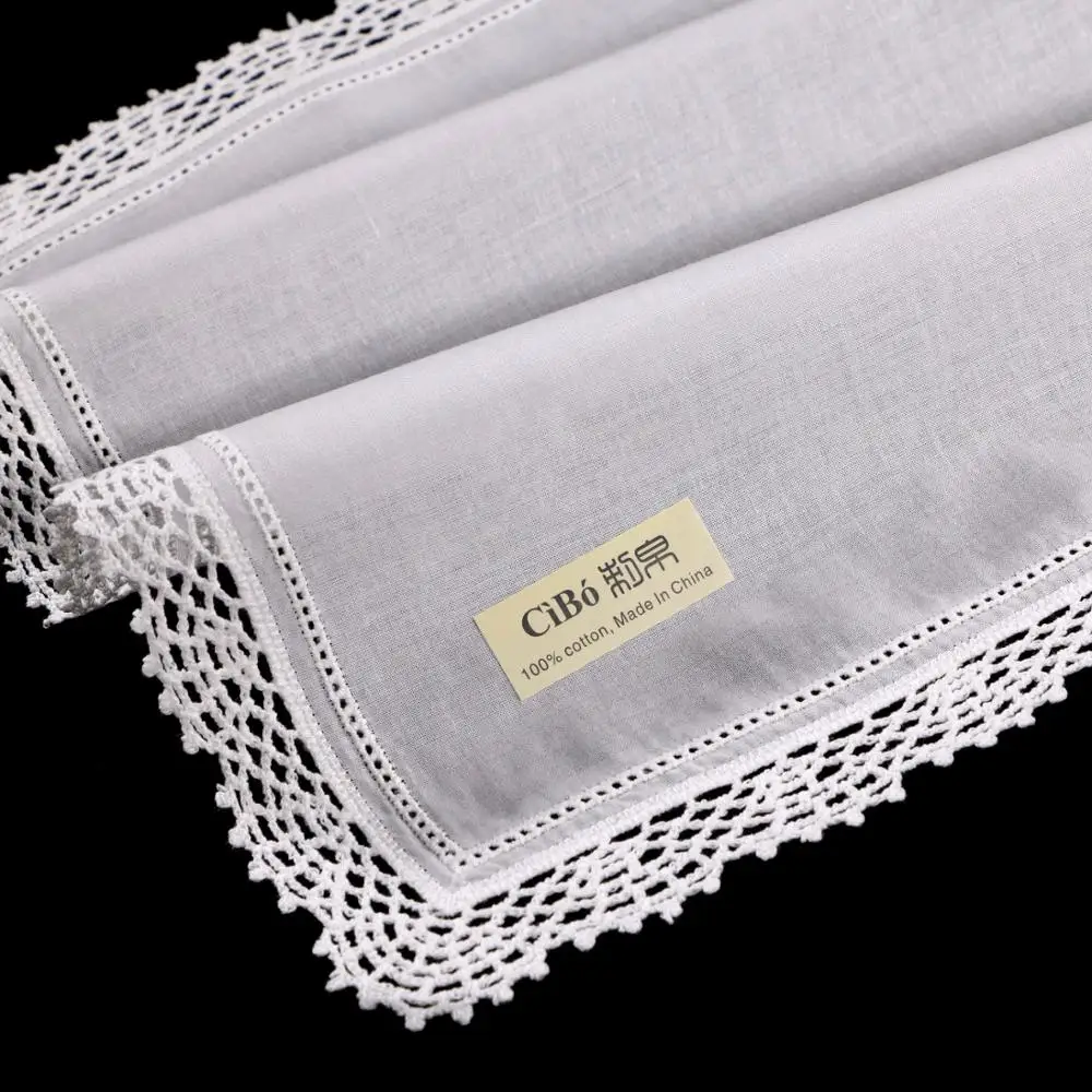 C006: White premium cotton lace handkerchiefs crochet hankies for women/ladies wedding handkerchief