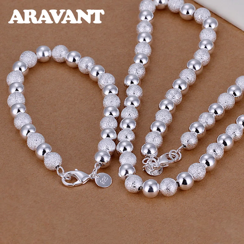 925 Silver Scrub Smooth Beads Bracelet Necklace Chains For Women Fashion Party Jewelry