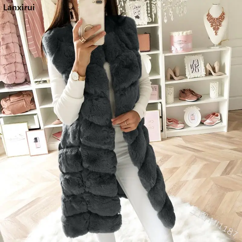 Warm Faux Fur Fox Vest Women Winter Casual Artifical Fur Warm Coat Super X-Long Waistcoat Female Faux Furs Wholesale