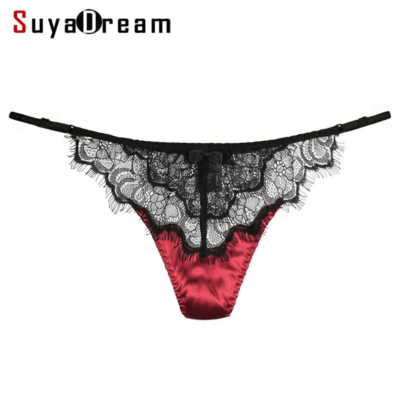 

SuyaDream Silk Satin Woman Low Waist Sexy LACE G-string Red Transparent Thong