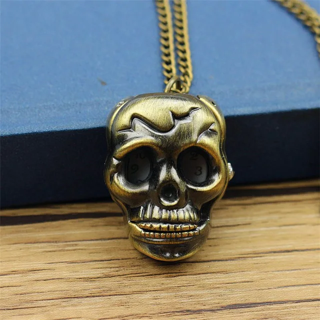 

nazeyt Vintage Bronze Steampunk Hollow Skull Head Horror Quartz Pocket Watch with Chain for Girls and Women men Necklace watch