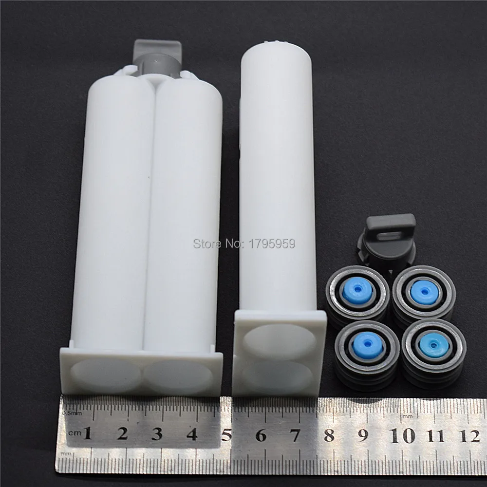 2 pezzi 50ml cartuccia vuota a doppio barilotto 1:1 AB tubo di colla con pistoni e tappi di tenuta per 50ml 1:1 Dispenser di adesivi per pistola per colla
