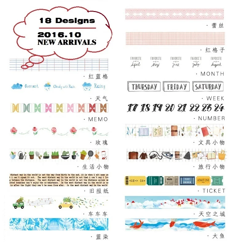 18Designs NEW!! Letters /Girl/Lace/Butterfly Pattern Japanese Washi Decorative Adhesive DIY Masking Paper Tape Sticker Label