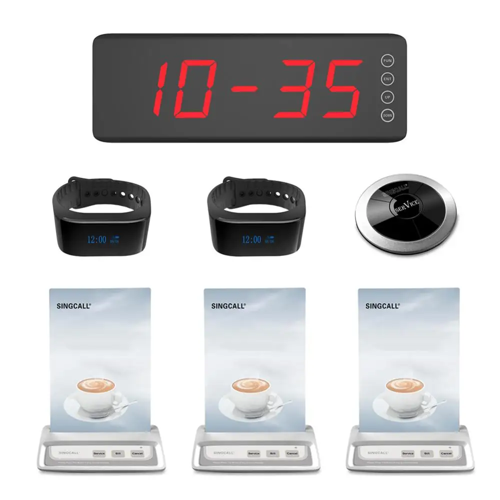 SINGCALL Calling System Wireless Service 1 Screen Display Receiver, 2 Watch Receivers, 3 Menu Buttons and 1 Silver Color Pager