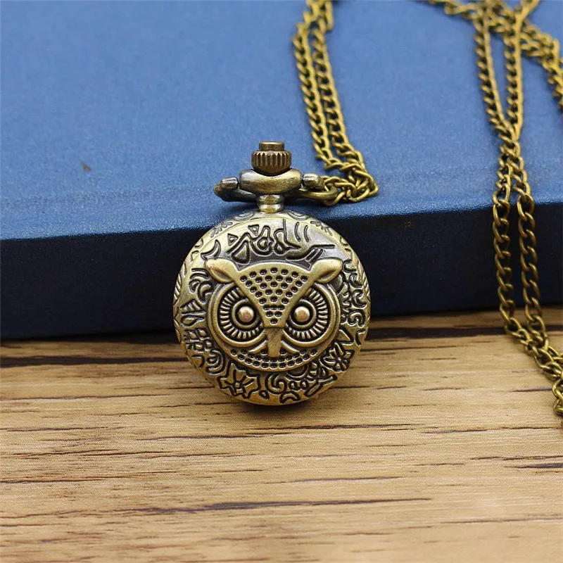 NAZEYT Bronze Copper Vintage Retro Owl Pattern Quartz Pocket Watch Clock Hour Time Necklace With Chain Men Women Christmas Gifts