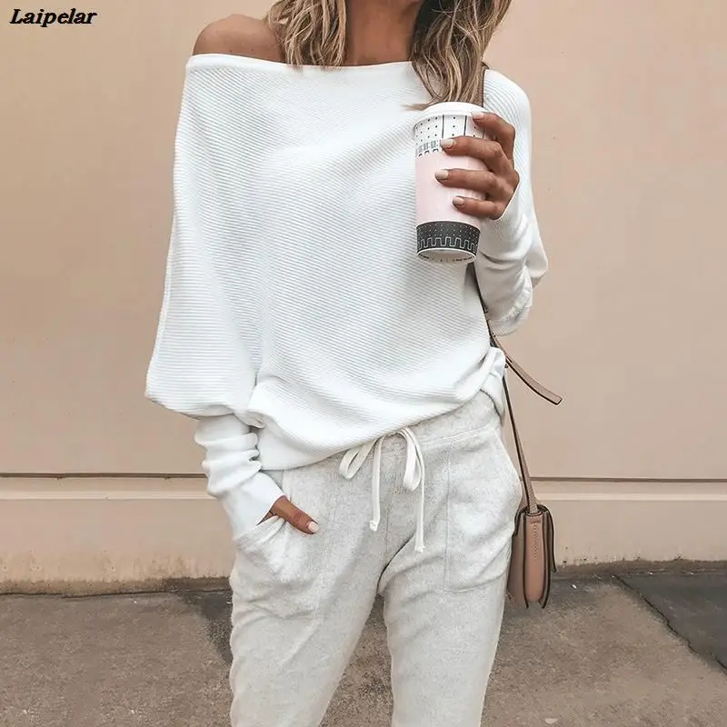 

2020 Autumn Women Cold Shoulder Office Long Sleeve Sweatshirts Solid Knitted Batwing Sleeve Casual Top Laipelar