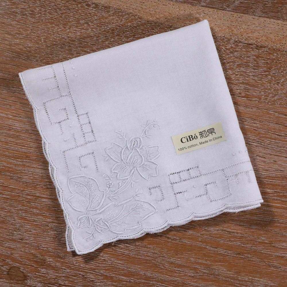 S007 :  1 piece Hand-made hand embroidery rose handkie Swatow Drawnwork White Cotton SWATOW handkerchief