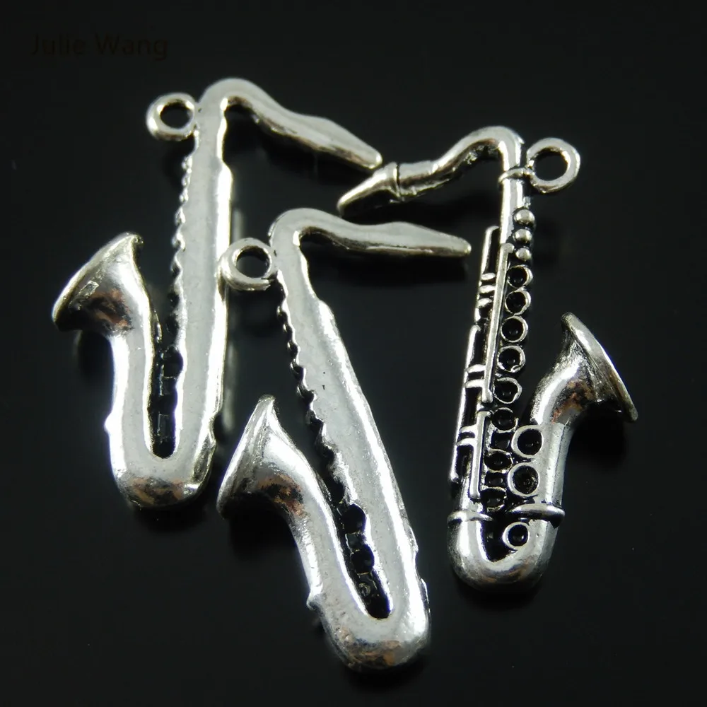 Julie Wang 2/5/10PCS Sax Shape Charms Alloy Antique Silver Color Necklace Jewelry Making Pendant Musical Instrument Accessory