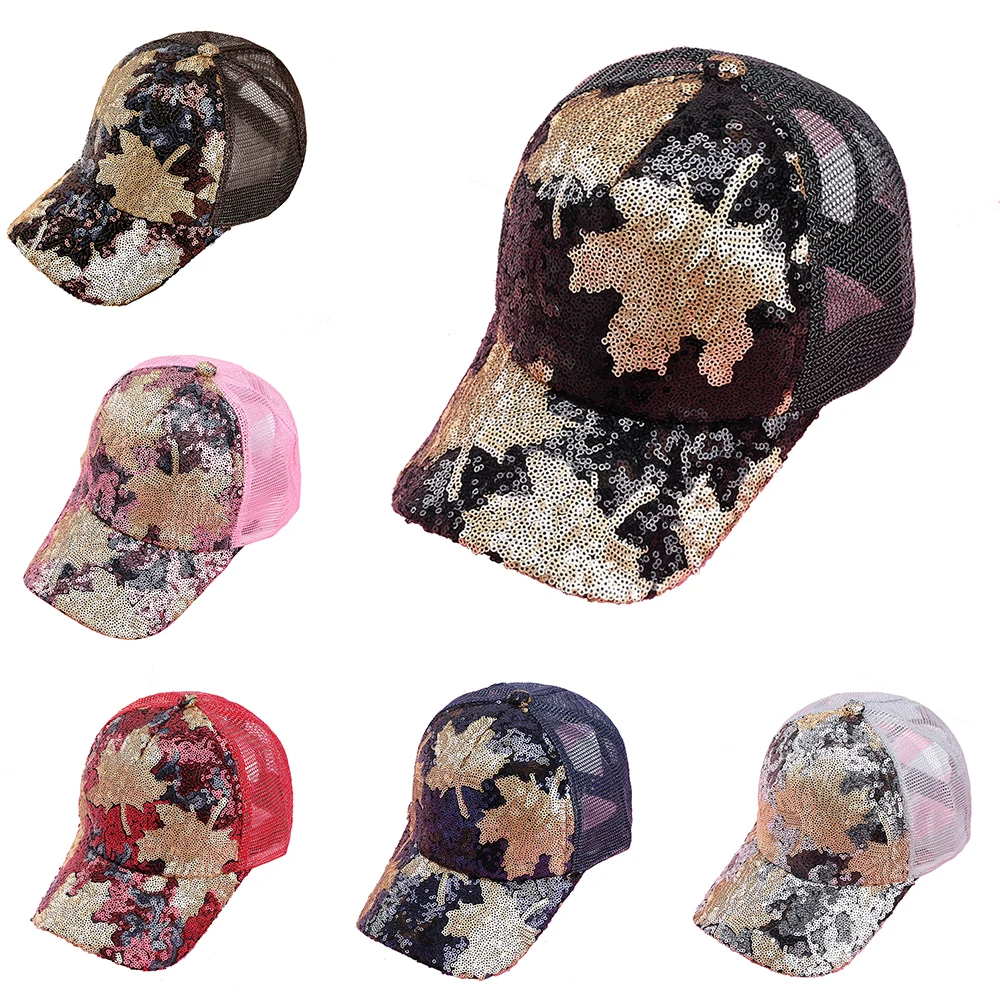 Summer Mesh Hat Sequins Maple Leaf Print Baseball Caps Korean Harajuku Sun Hats Ponytail Snapback Adjustable Hip Hop Cap Outdoor