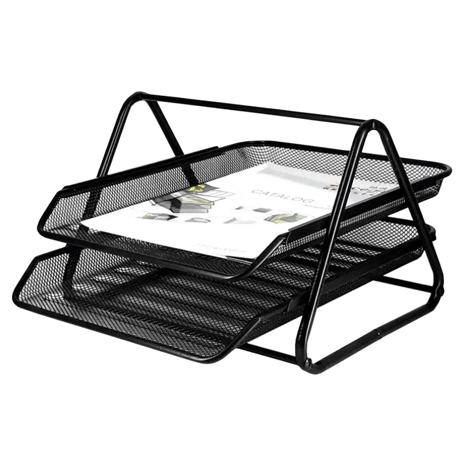 2-Tier Stackable Metal Mesh File Holder Stand Organizer Tray for Magazine Letter Paper Document Home Office Desk Black