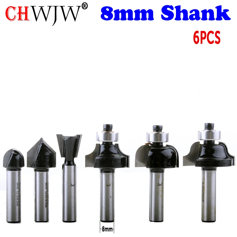 6PC 8mm Shank Router Bits Set Professional Shank Tungsten Carbide Router Bit Cutter Set With Wooden Case For Woodworking Tools