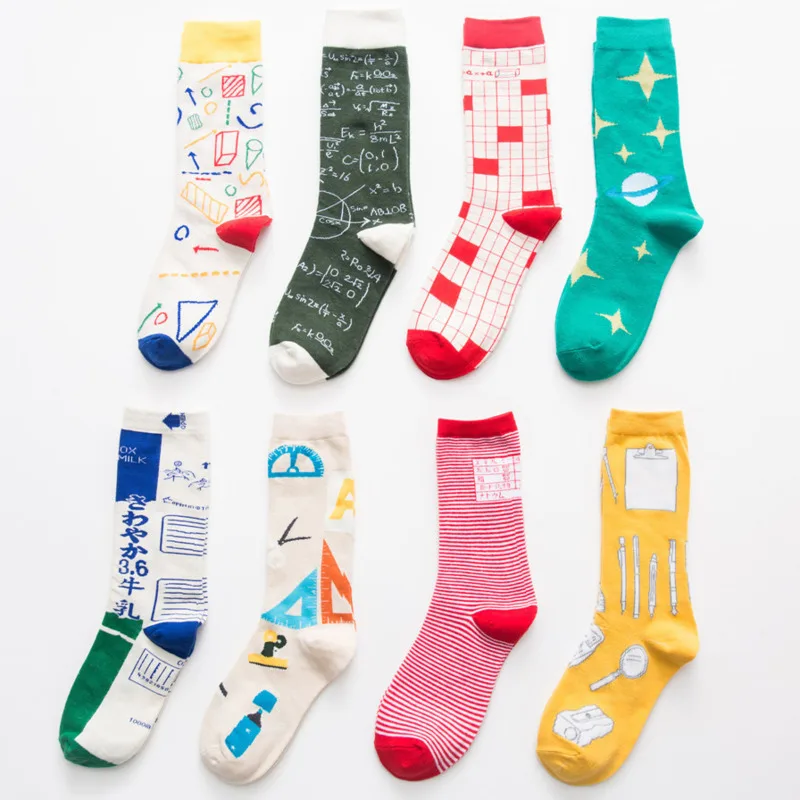 Men Socks Cartoon Milk Ruler Stationery Happy Geometry Triangle Star Stripe Funny Harajuku Hip Hop Female Cotton Hosiery