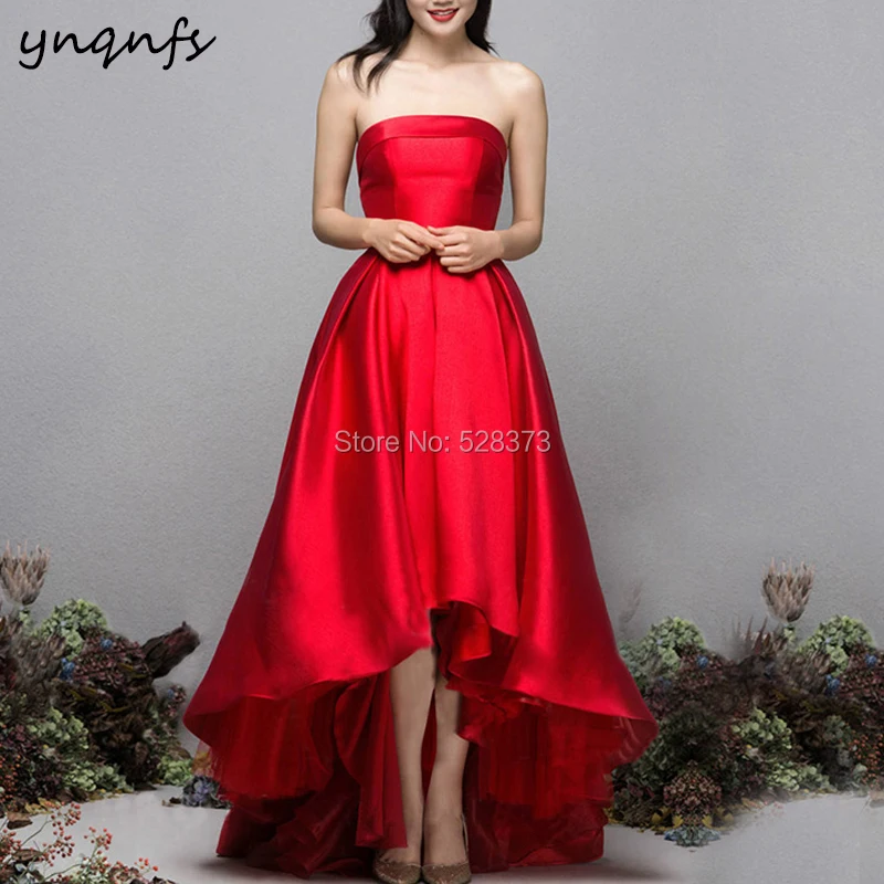 W108 Vintage Red vestido de noiva curto Satin  Bridesmaid Dresses High Low Wedding Bridal Dress Party Gown Women's tube top dres