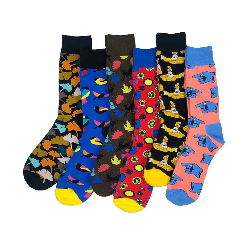 Men Sock Cartoon Flower Leaves Submarine Bird Fashion Harajuku Happy Funny Skate Hip Hop Street Male Casual Cotton Socks Autumn