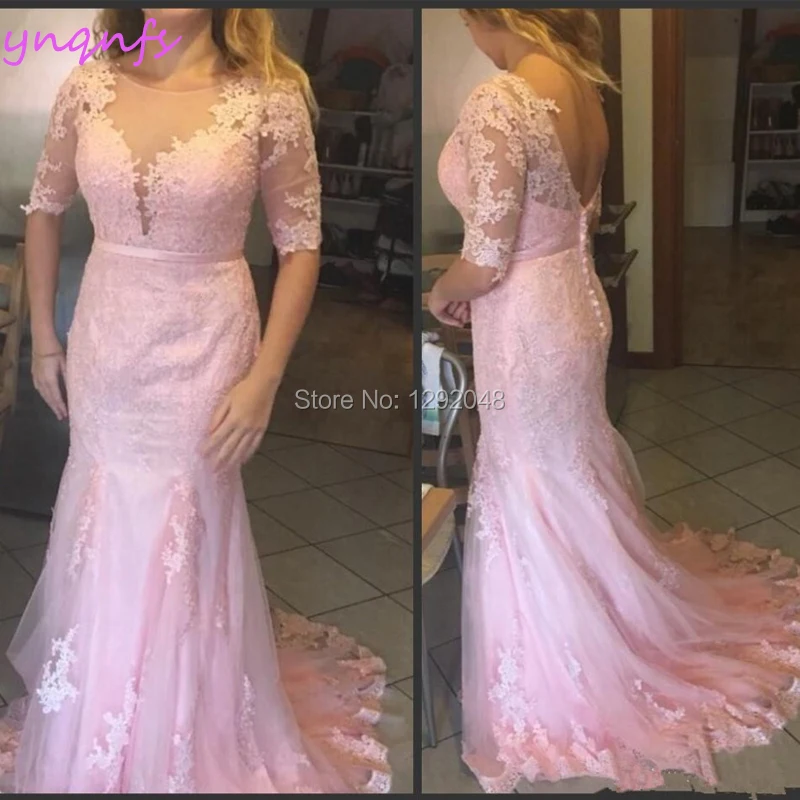 YNQNFS M91 Vestidos Elegantes Formal Gown Evening Lace Appliques Beaded Backless Pink Mother of the Bride Mermaid Dress Elegant