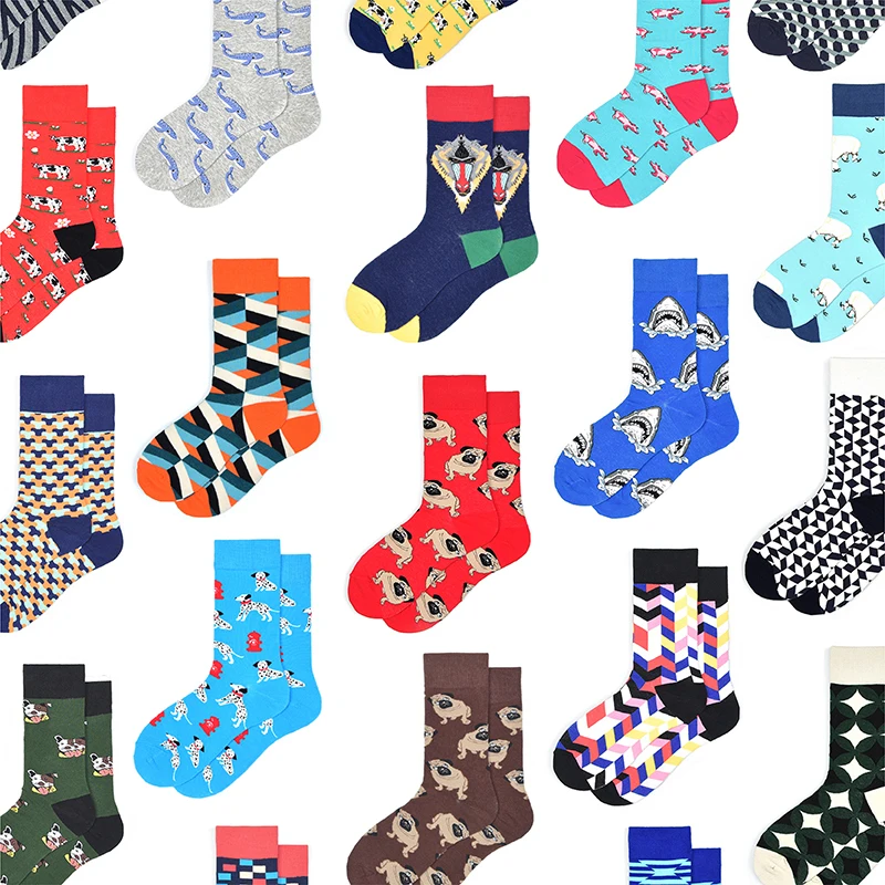 Men Socks Funny Cartoon Dog Shark Pumpkin Cactus Stripe Geometric Lattice Colorful Harajuku Street Happy Hip-hop Cotton Sock