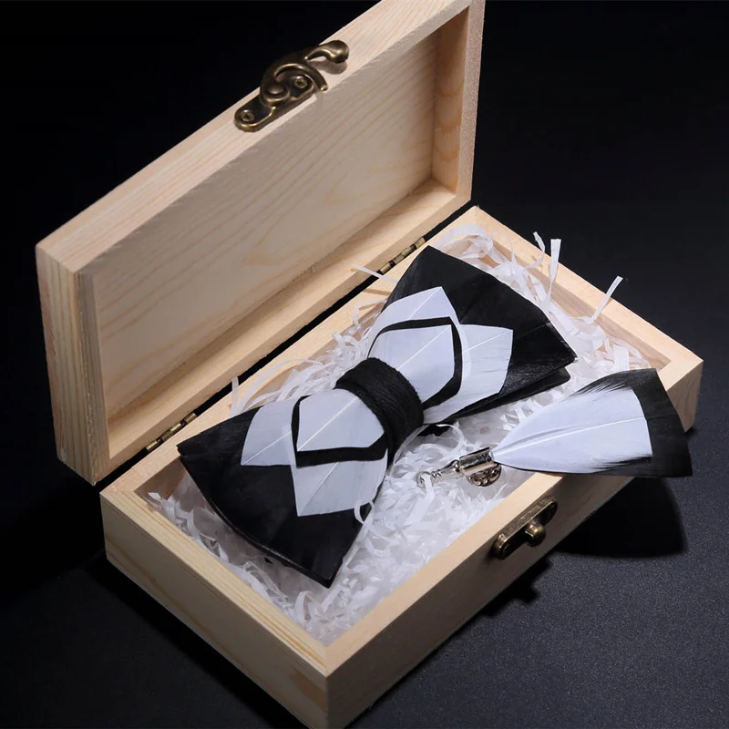 

JEMYGINS Original Black & White Feather Bow Tie Hand Made Fashion Youth Men Bowtie Brooch Pin Gift Box Set For Party Bowtie