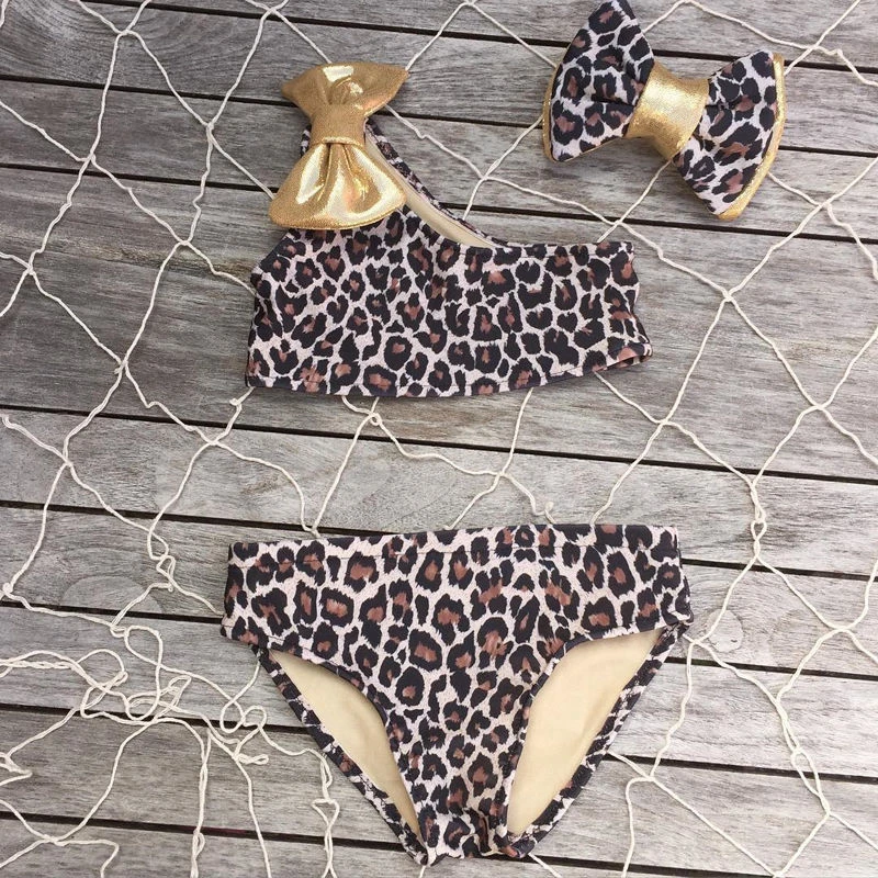 

2018 Cute Biquni 3pcs Kids Baby Girl Leopard Bow Bikini Set Swimwear Swimsuit Bathing Suit Kid/Children Two Pieces Swimming Suit