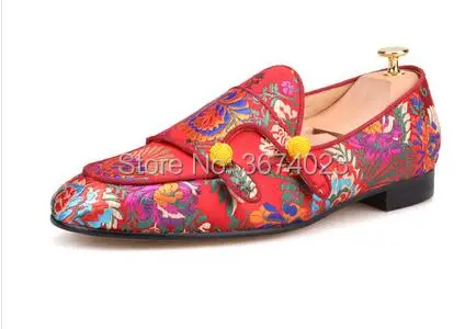 Qianruiti Fashion Shoes Men Floral Embroidered Double-Monk Loafers Mixed Color Jacquard Silk Flats Shoes Casual Shoe Yellow Red