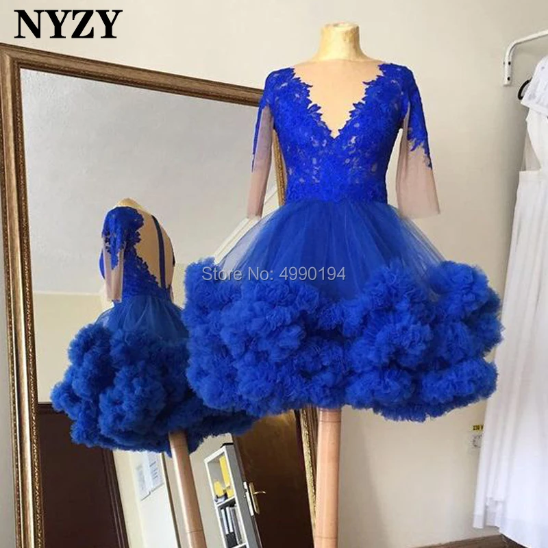 NYZY-vestido corto de fiesta C110, Media manga, color azul real, para baile de graduación, madrina, formatura coctel, 2019