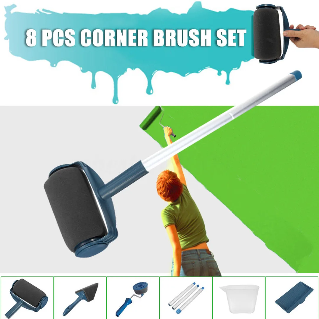 Useful 8Pcs Wall Paint Roller Pro Brush Handle Flocked Edger Painting Runner Tool W/Jug