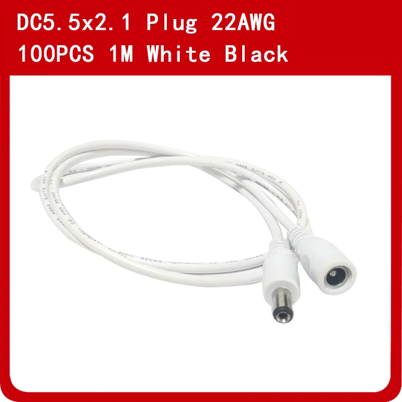 100pcs 1m 12V DC Power Cord 5.5*2.1mm Male Female Power Adapter Extension Cable CCTV Camera Extend Wire white black