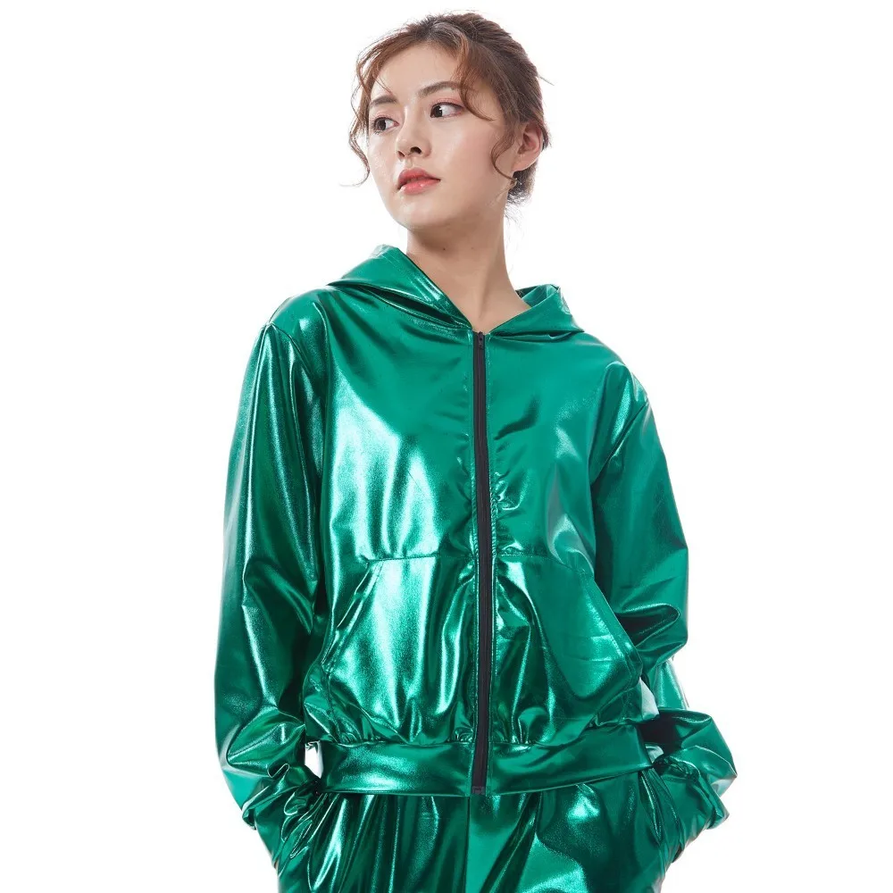 2021 Spring Autumn Kid Audlt Bomber With Pockets Jacket Green Stage Performance Paillette Feminina Casaco Hip Hop Dance Coat