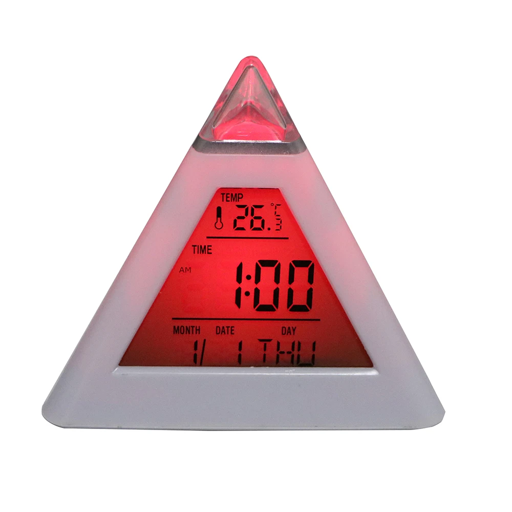 Triangle Pyramid Perpetual Calendar Thermometer Digital Alarm Clock Home Decoration Colorful Backlight Change Clock