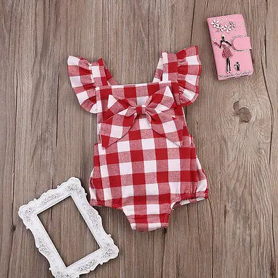 Fashion Toddler Baby Girl Romper Jumpsuit+Bowknot White&Red Plaid 100cmCotton Sunsuit Outfits Summer Clothes Infant Kids 0-18M