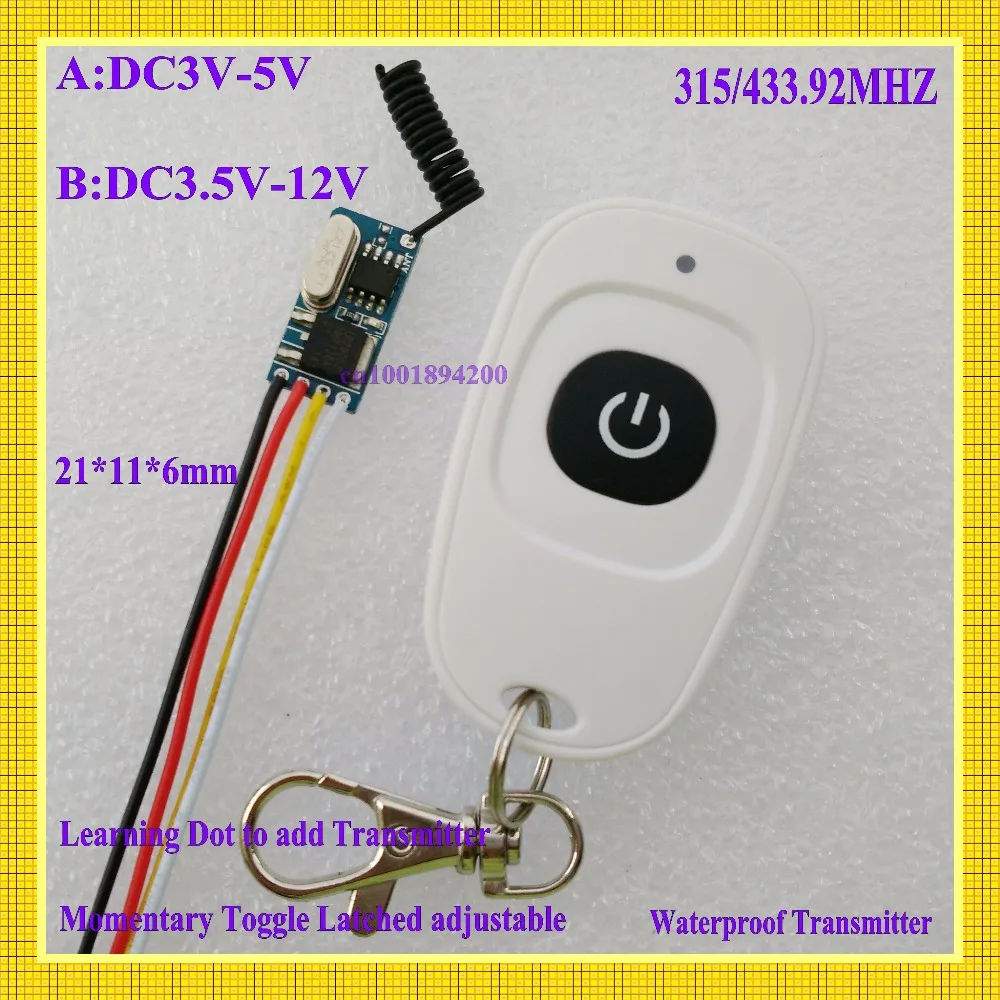 

3V 3.7V 4.2V 5V 6V 9V 12V wireless remote control switch mini size1A no voice remote cotrol switch 315/433Momentary Toggle TX RX