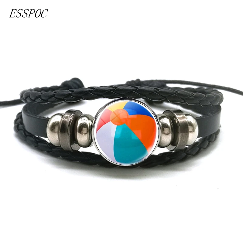 Soccer Basketball Volleyball Glass Alloy Button Bracelet Punk Multilayer Braided Leather Bracelet Football Sport Lover Gift
