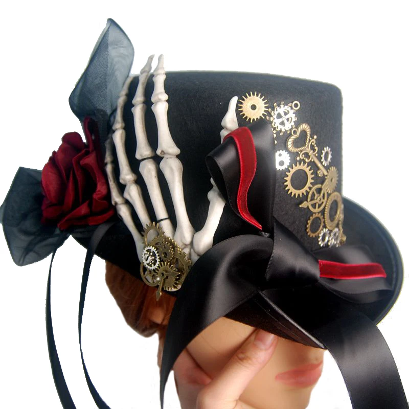 Steampunk Skeleton Hand Hat Punk Gears Ribbon Lace Hats Fedora Gothic Accessories For Man/Women