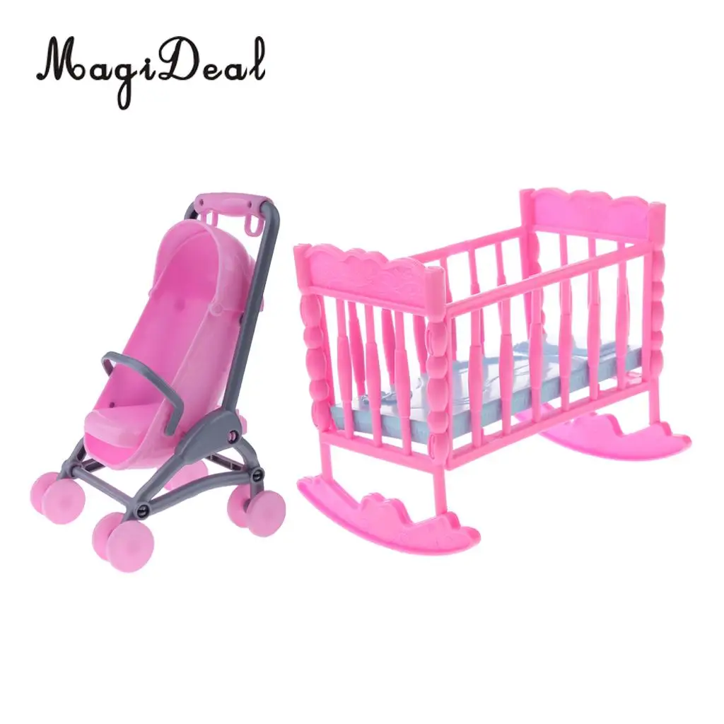 1/6 Pink Dollhouse Miniature Baby Cradle Bed+Stroller Model Furniture Decor for Dolls Accessories Kids Children Pretend Play Toy