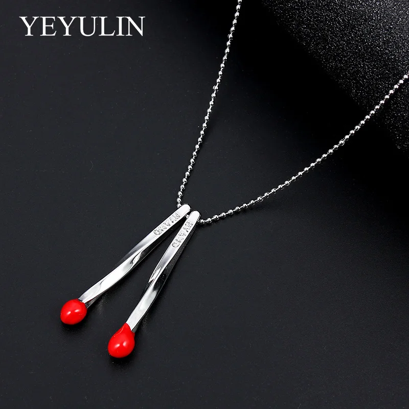 Red Matches Shape Pendant Necklace Silver Plated Color Link Chain Necklaces For Friend Family Fashion Jewelry Gift