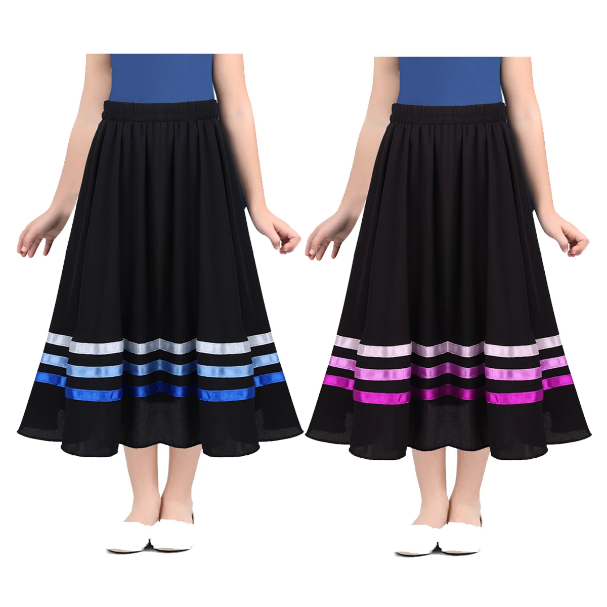 iEFiEL Kids Girls Chiffon Elastic Waist Pull-On Full Circle Ribbons Decorated Skirt Dance Skirt for Ballet Stage Performance