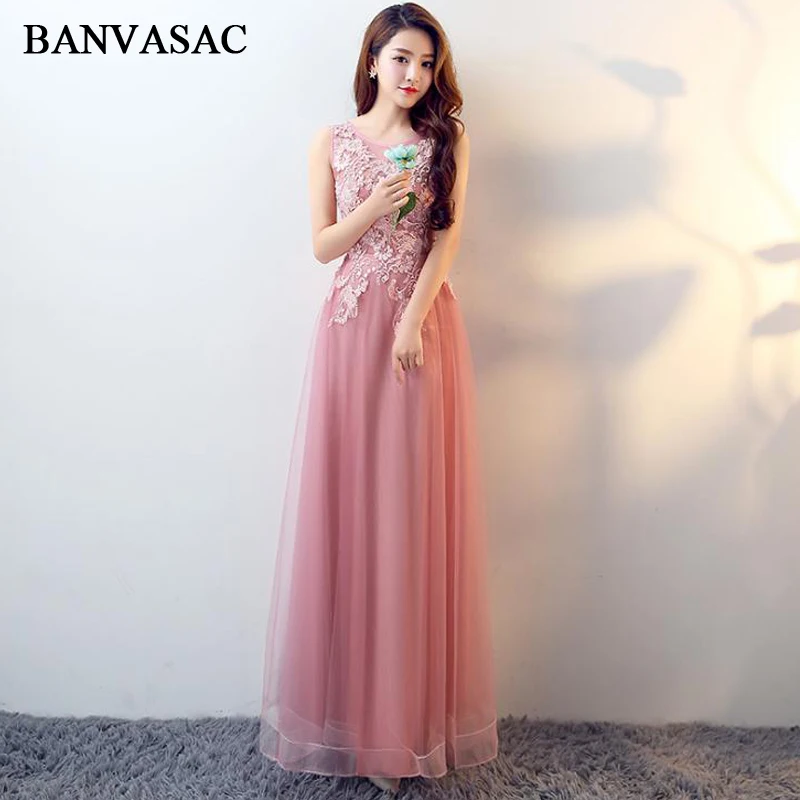 

BANVASAC Elegant O Neck A Line Lace Appliques Long Evening Dresses Party Tulle Illusion Zipper Back Prom Gowns