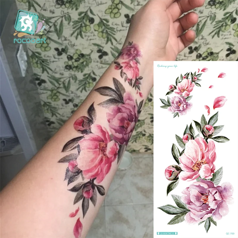 Rocooart Flower Rose Waterproof Temporary Tattoo Sticker Peach Blossom Flamingo Tatoo Body Art Women New Fake Taty Tatuaje