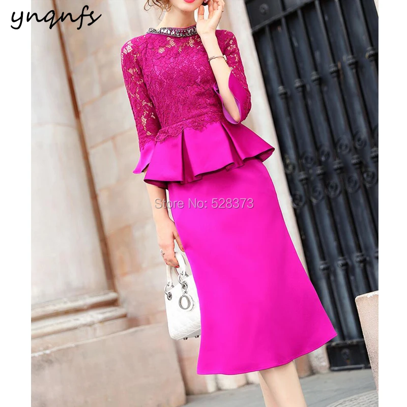 YNQNFS M142 Crystal High Neck Fuchsia Mother of the Bride Lace Dresses 3/4 Sleeve Robe Cocktail Vestido Festa Party Gown 2019