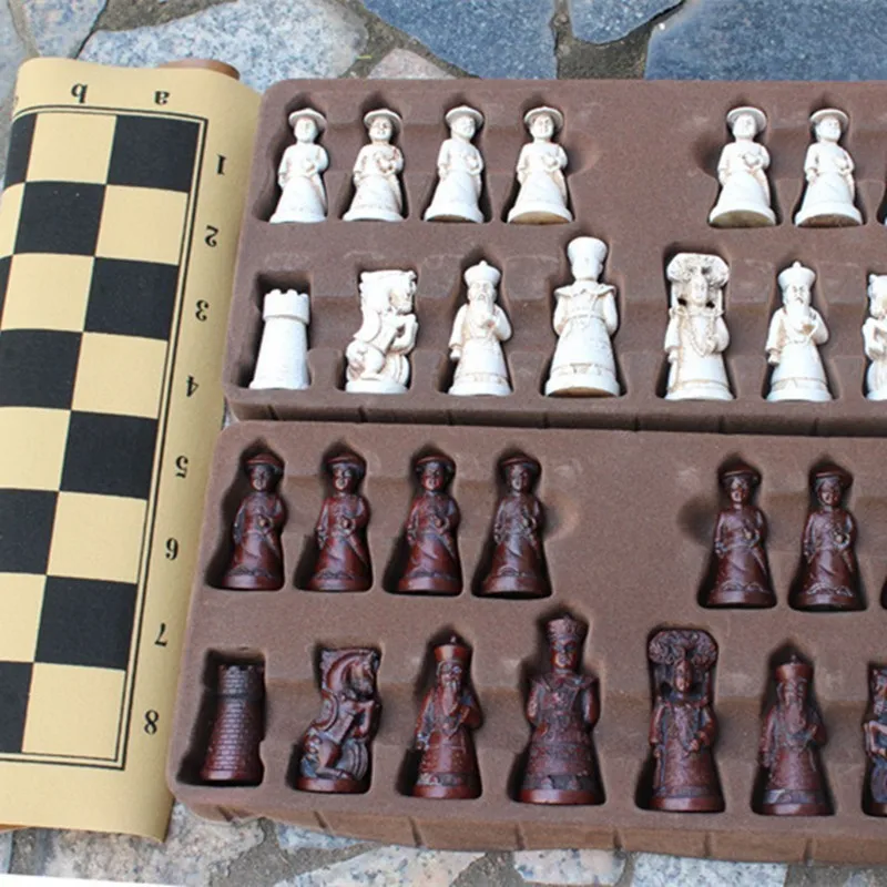 New Antique Chess Resin Large Chess Figures Shape Leather Chess Board Game Pieces Christmas Birthday Parent-child Gift Easytoday