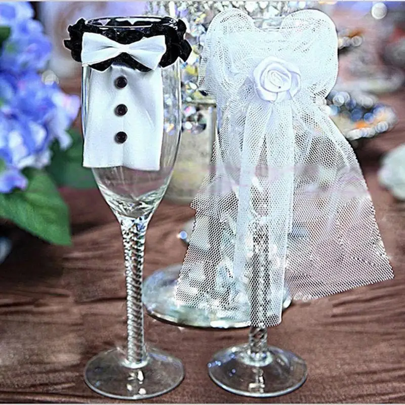 

Beautiful Groom tux Bridal Veil Glass Champagne flutes bride and groom wedding / engagement Party Decoration Supplies New