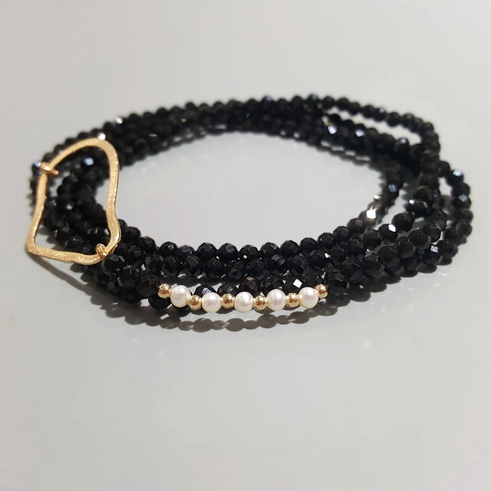 LiiJi Natural Black Spinel Freshwater Pearl 925 Sterling Silver Gold color Geometric Circle Long Necklace 65cm Delicate Jewelry