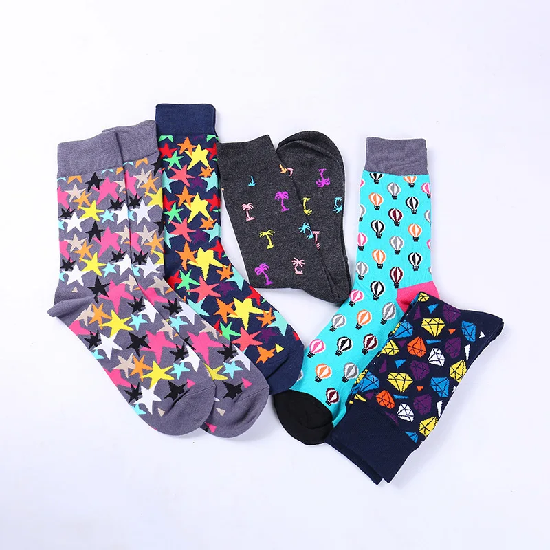 Men Socks Street Style Funny Cartoon Hot Air Balloon Star Diamonds Coconut Tree Happy Harajuku Hip Hop Skate Casual Cotton Socks