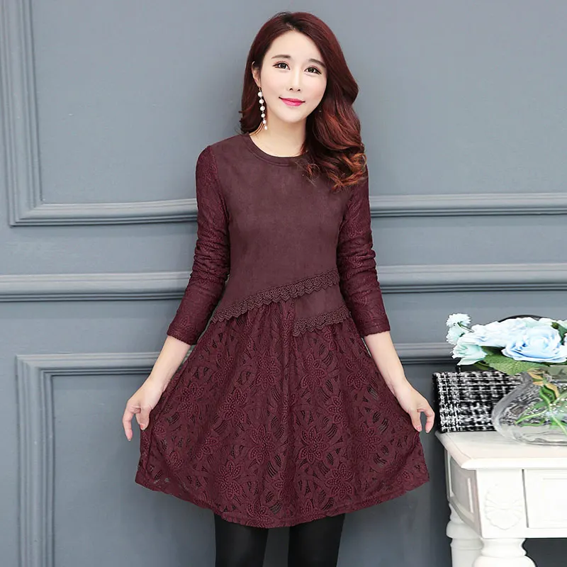 Spring Autumn Basic Mini Dress Hot Sales Women Fashion Temperament Lady Patchwork Hollow Out Lace Mini Dress 1219