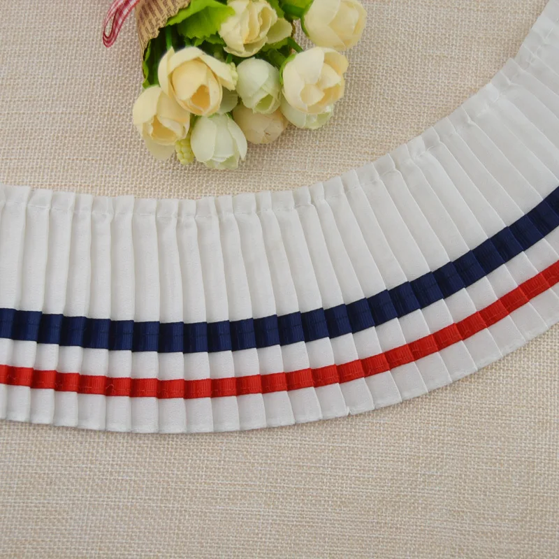 College Style Blue Red Striped Organ Pleated Chiffon Tulle Lace Applique Neckline Dress Edge Trim DIY Sewing Ribbon Supplies