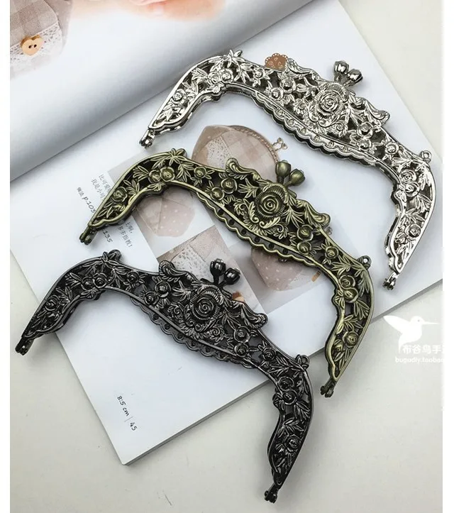 Size 16 CM DIY Bag Parts And Accessories Vintage Crystal Clasp Rose Flower Purse Frame For Handbags Metal Purse Frame For Handle