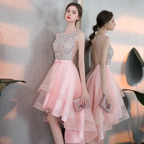 

Spring Summer Pink Short Lady Girl Women Princess Banquet Party Dress Sequins Beads Tulle Dresses