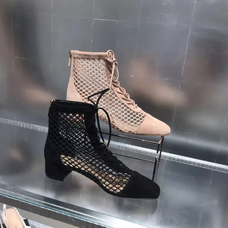 

Carpaton Summer Thick Heels Woman Boots Round Toe Mesh Grid Cutouts Ankle Boots Lace-up High Heel Shoes Black Nude